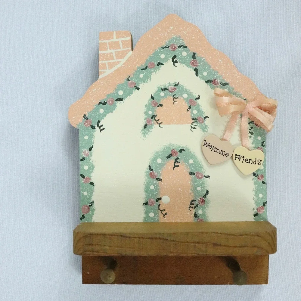 Cotttagecore Wooden 2 Peg Key Holder House Shelf Welcome Friends Hand Painted